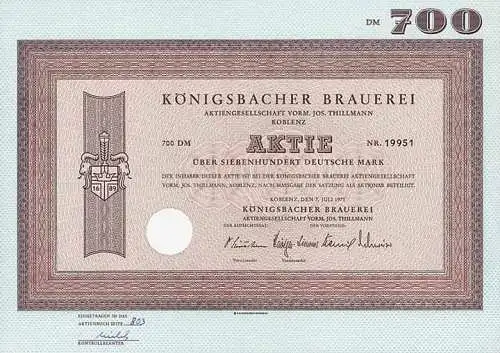 Königsbacher Brauerei Koblenz original Aktie von 1971 - Bier aus dem Rheinland