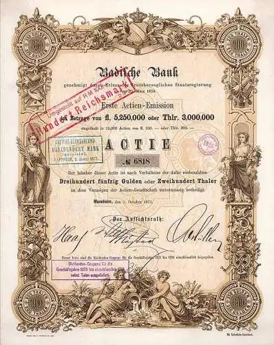 Badische Bank Mannheim original Aktie 1871 (Erste Emission) erste badische Notenbank 