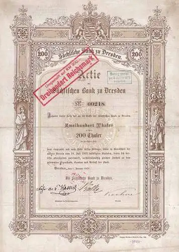 Sächsische Bank zu Dresden original Aktie von 1870 hochdekorativ