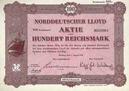 Norddeutscher Lloyd original Aktie 1936 Abb. Dampfschiff Bremen 