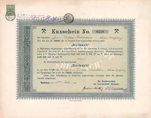 Gewerkschaft Burbach Gründer-Anteil 1896 mit Unterschrift Gerhard Korte - sehr selten!