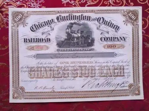 Chicago, Burlington & Quincey RR Aktie von 1888 mit Abb. Dampflok