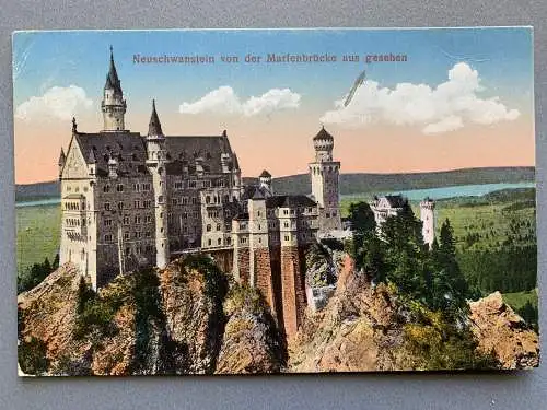 [Hand-Koloriert] Neuschwanstein von der Marienbrücke aus gesehen. 