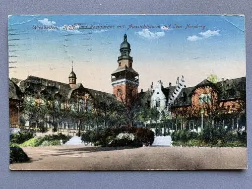 [Hand-Koloriert] Wiesbaden / Hotel und Restaurant mit Aussichtsturm auf dem Neroberg. 