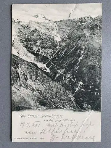 [Echtfotokarte schwarz/weiß] Die Stilfser Joch-Straße von der Payerhütte aus. 