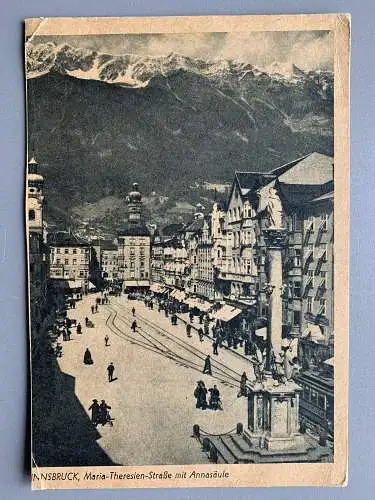 [Echtfotokarte schwarz/weiß] Innsbruck - Maria-Theresienstraße mit Annasäule. 
