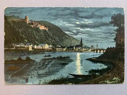 [Hand-Koloriert] Heidelberg von der Ziegelhäuser Landstraße gesehen bei Mondschein. 
