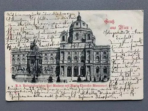 [Vorläufer - Correspondenzkarten mit keinen oder nur kleinen Bildaufdrucken] K. K. Nurhistorisches Hof-Museum mit Maria Theresia-Monument. 