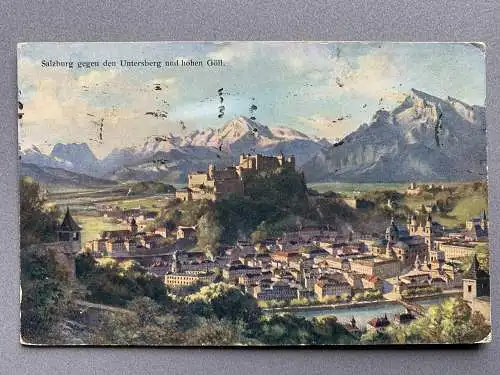 [Hand-Koloriert] Salzburg gegen den Untersberg und hohen Göll. 