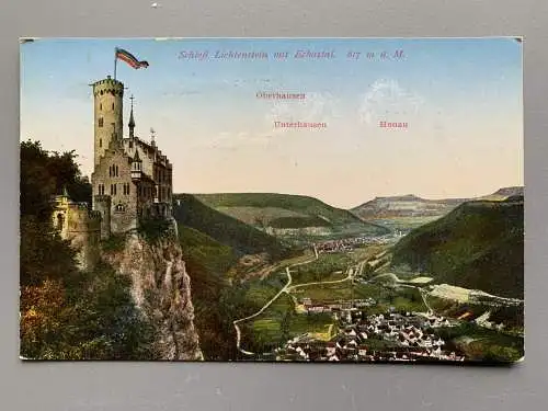 [Hand-Koloriert] Schloß Lichtenstein mit Echaztal - 817m ü. M. 