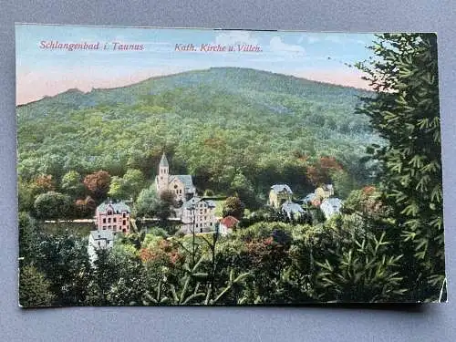 [Hand-Koloriert] Schlangenbad in Taunus - Katholische Kirche und Villen. 