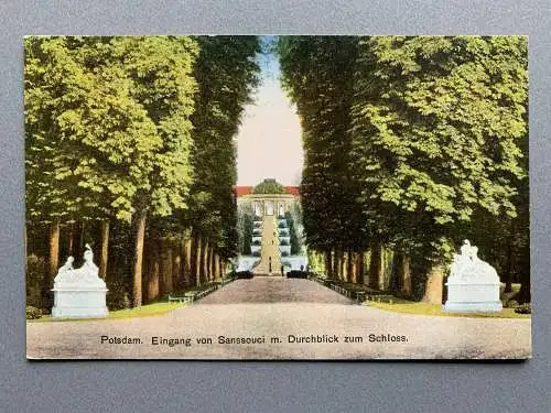 [Echtfotokarte farbig] Potsdam - Eingang von Sanssouci mit Durchblick zum Schloss. 