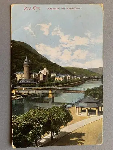 [Hand-Koloriert] Bad Ems - Lahnpartie mit Wasserturm. 