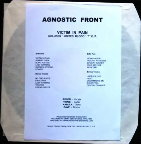 Agnostic Front Victim In Pain Vinyl LP RAR Rock Hardcore Not On Label