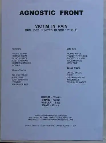 Agnostic Front Victim In Pain Vinyl LP RAR Rock Hardcore Not On Label