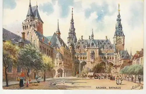 [Künstlerpostkarte Unikat gemalt/gezeichnet] Aachen Rathaus Color Charles Flower Ollette Tucks Postkarte 178B. 