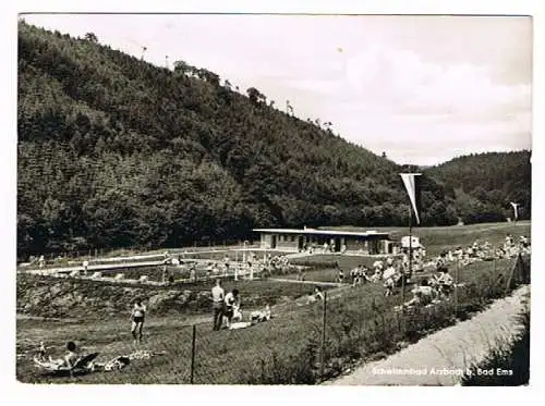 [Lithographie] Arzbach Schwimmbad Bad Ems Freibad. 