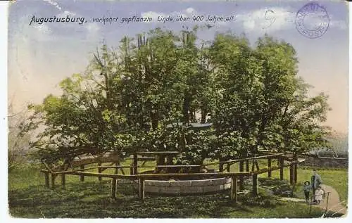 [Lithographie] Augustusburg Kinder Land Post Linde über 400 Jahre Helio Kolor Karte Zieher 1922. 