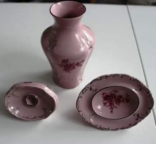 Royal Dux 3 teilig Set Rosa Pink Porzellan Vase Kerzenhalter Dose Czech Bohemia