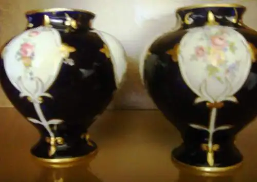 2x Royal Dux DUO Rokoko Kobaltblau Blumen Hand Painted Czech Czechoslovakia