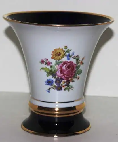 ROYAL DUX Trompetenvase Vase Gold Blau Blumen Porzellan 16 cm x 15 cm Hand Paint