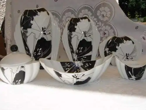 Eschenbach Porzellan Art Deco Modern schwarz weiß 5 Teile NP 349€ Vase 24 19 11