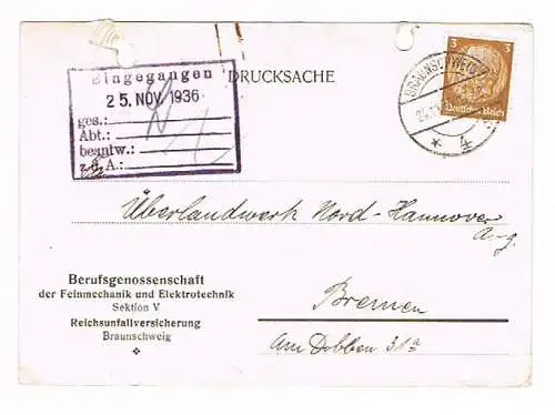 [Ansichtskarte] Braunschweig Drucksache Berufsgenossenschaft nach Bremen 1936 Überlandwerk Nord Hannover. 