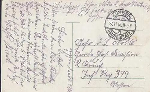 [Ansichtskarte] Berlin Feldpost Übungsplatz Zossen 27 11 1916. 