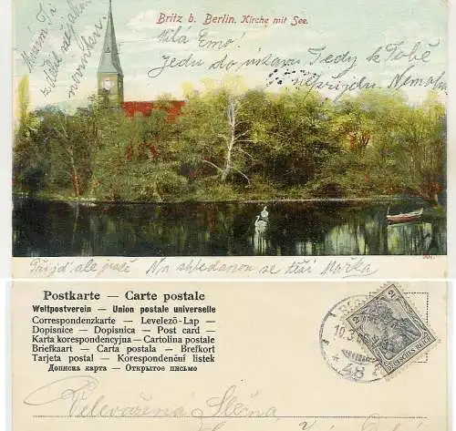 [Ansichtskarte] Berlin coloriert BRITZ Neukölln 1906 Bestellt vom Postamte 50 nach Regensburgerstrase. 