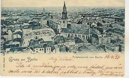 [Ansichtskarte] Berlin Gruss aus nach Böhmen Emil Siegel 1899 Vogelschau Totalansicht von 14.4.99. 