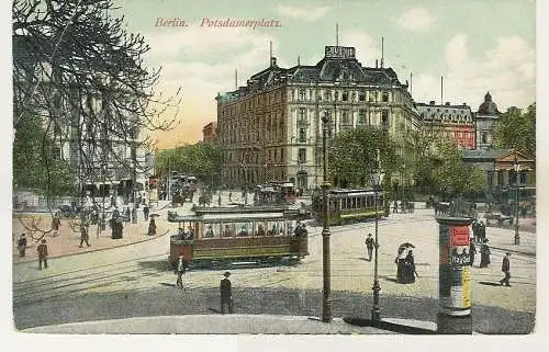 [Ansichtskarte] Berlin Tram Straßenbahn Potsdamerplatz Coloriert Plakatsäule Litfaßsäule 1908 nach Böhmen. 