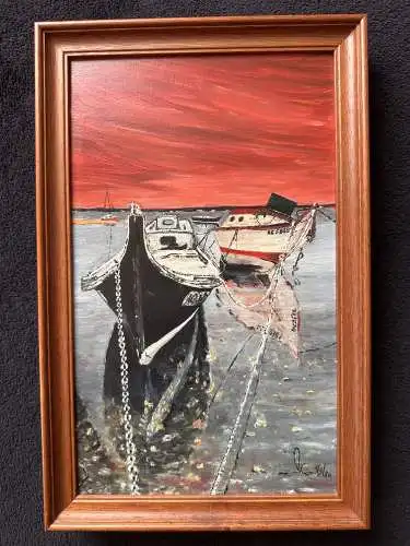 Maritimes Ölgemälde "Boote im Hafen" – handsigniert & datiert (Juli 1980) im edlen italienischen ARQUATI-Echtholzrahmen