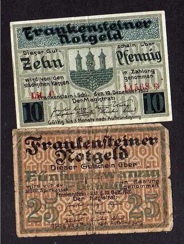 Notgeld Frankenstein Schlesien 2 Scheine Stadtwappen Lit. C 10 25 Pfennig
