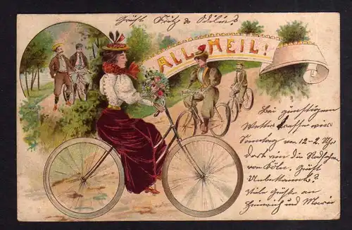 Ansichtskarte All Heil Litho Fahrrad 1900 Frau Männer Humor