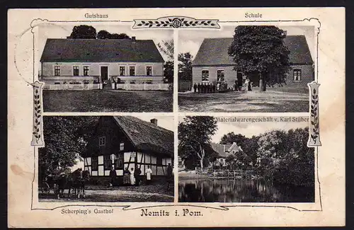 Ansichtskarte Nemitz Pom. Gutshaus Schule Gasthof Materialwarenhandlung 1908