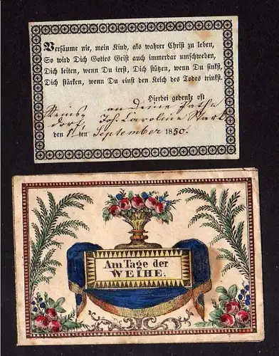 Taufbrief Am Tage der Weihe 1850 mit Spruchzettel Patenbrief