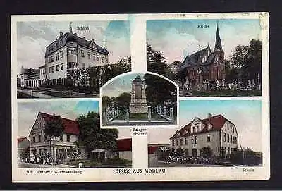 Ansichtskarte Modlau über Bunzlau 1936 Schloß Kirche Günthers Warenhandlung Schule