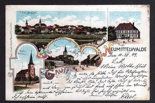 Ansichtskarte Międzybórz Neumittelwalde 1899 Litho Kirche Ring Post Totale