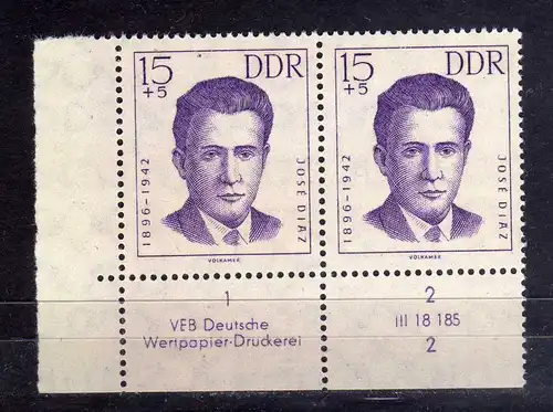 DDR 1962 920 DV Formnummer 2 Druckvermerk ** Antifaschisten 15+5 Pfg.