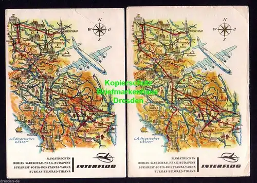 2 Ansichtskarte Interflug Streckenkarten Ungarn Rumänien Jugoslavien Albanien Tirana