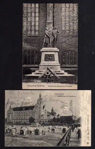 2 Ansichtskarte Kolobrzeg Kolberg 1905 Nettelbeck Gneisenau Denkmal Strandschloss Bah