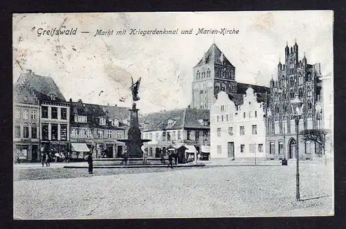 Ansichtskarte Greifswald 1909 Markt mit kriegerdenkmal Marien Kirche
