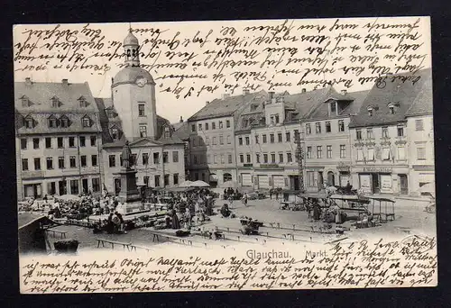 Ansichtskarte Glauchau 1905 Markt i Sommer Markttag Händler Ratskeller Papierhandlung