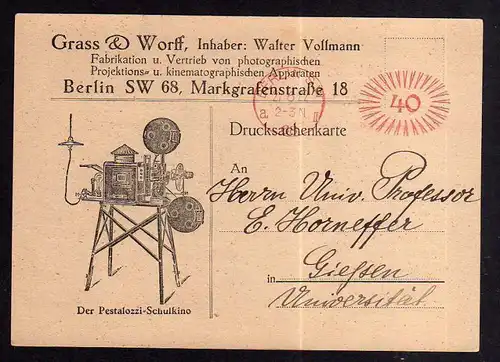 Werbekarte Berlin Pestalozzi Schulkino Filmapperat 1922 aus Hille Technik