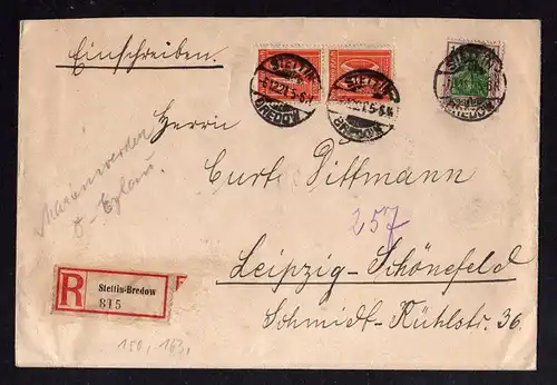 Brief Stettin Bredow 1921 Einschreiben nach Leipzig Schönfeld