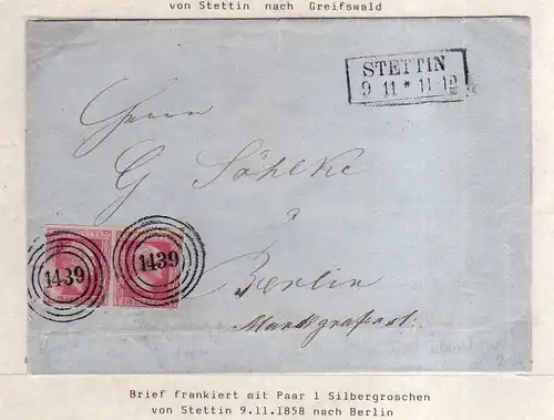 v066 aus Stettin Sammlung Preußen Brief Mi. 6 waag. Paar Nummernstempel 1439 nac