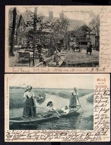 2 Ansichtskarte Spreewald 1901 Gasthaus Lübbenau Künstlerkarte Heimkehr von der Arbe