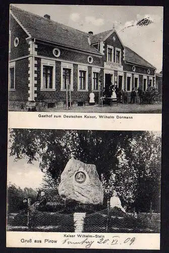 Ansichtskarte Pirow Gasthof zum Deutschen Kaiser Wilhelm Stein Denkmal1909