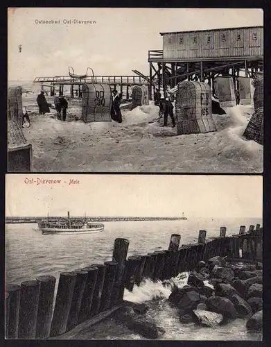 2 Ansichtskarte Ost Dievenow Mole Dampfer Seebad Steg Rettungsboot 1910 1911