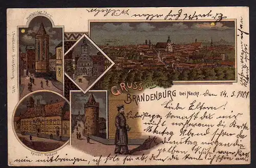 Ansichtskarte Brandenburg bei Nacht Litho 1901 Postamt Nachtwächter Rathaus
